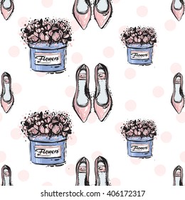 Vector hand drawn graphic fashion sketch flat shoes and flower box. Trend soft colored glamour fashion seamless pattern in vogue style. Isolated elements on white background