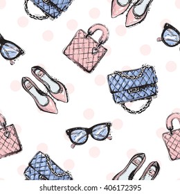 Vector hand drawn graphic fashion sketch flat shoes, clutch, leather handbag, vintage glasses. Trend soft colored glamour fashion seamless pattern in vogue style. Isolated elements on white background