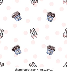 Vector hand drawn graphic fashion sketch flat shoes and flower box. Trend soft colored glamour fashion seamless pattern in vogue style. Isolated elements on white background