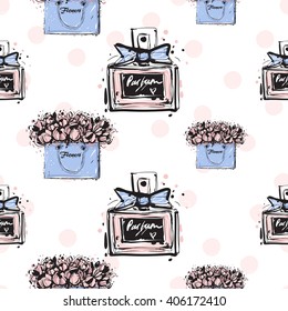 Vector hand drawn graphic fashion sketch french perfume and flowers bag. Trend soft colored glamour fashion seamless pattern in vogue style. Isolated elements on white background