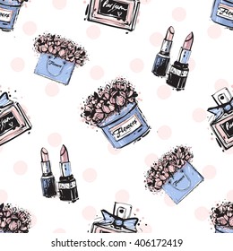 Vector hand drawn graphic fashion sketch couple lipstick, french perfume, flower box, flowers bag. Trend colored glamour fashion seamless pattern in vogue style. Isolated elements on white background