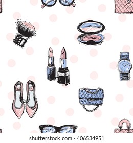 Vector hand drawn graphic fashion sketch flat shoes, clutch, blush brush, handbag, lipstick, makeup powder, wrist watch, glasses. Glamour fashion seamless pattern in vogue style. Isolated on white