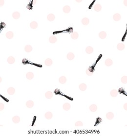 Vector hand drawn graphic fashion sketch makeup brush. Trend soft colored glamour fashion seamless pattern in vogue style. Isolated elements on white background