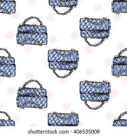 Vector hand drawn graphic fashion sketch fashionable clutch. Trend soft colored glamour fashion seamless pattern in vogue style. Isolated elements on white background