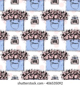 Vector hand drawn graphic fashion sketch french perfume and flowers bag. Trend soft colored glamour fashion seamless pattern in vogue style. Isolated elements on white background