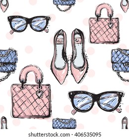 Vector hand drawn graphic fashion sketch flat shoes, clutch, leather handbag, vintage glasses. Trend soft colored glamour fashion seamless pattern in vogue style. Isolated elements on white background