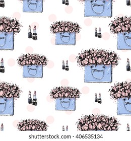 Vector hand drawn graphic fashion sketch couple lipstick and flowers bag. Trend soft colored glamour fashion seamless pattern in vogue style. Isolated elements on white background