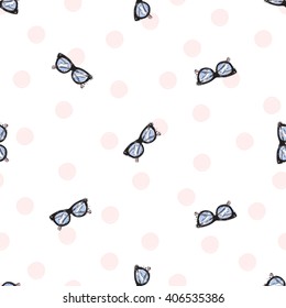 Vector hand drawn graphic fashion sketch vintage glasses. Trend soft colored glamour fashion seamless pattern in vogue style. Isolated elements on white background