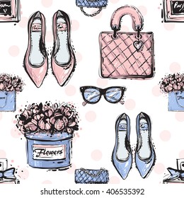 Vector hand drawn graphic fashion sketch shoes, clutch handbag, french perfume, flower box, vintage glasses, flowers bag. Glamour fashion seamless pattern in vogue style. Isolated on white background