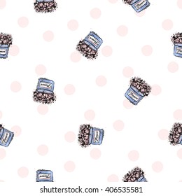 Vector hand drawn graphic fashion sketch flower box. Trend soft colored glamour fashion seamless pattern in vogue style. Isolated elements on white background