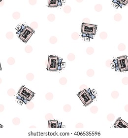 Vector hand drawn graphic fashion sketch french perfume. Trend soft colored glamour fashion seamless pattern in vogue style. Isolated elements on white background