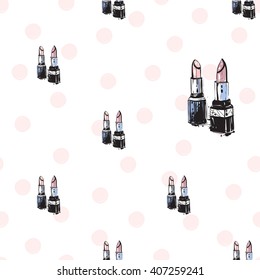 Vector hand drawn graphic fashion sketch couple lipstick. Trend soft colored glamour fashion seamless pattern in vogue style. Isolated elements on white background