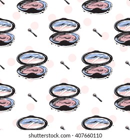 Vector hand drawn graphic fashion sketch makeup brush and makeup powder. Trend soft colored glamour fashion seamless pattern in vogue style. Isolated elements on white background