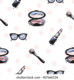 Vector hand drawn graphic fashion sketch makeup brush, rose lipstick, makeup powder, vintage glasses. Trend glamour fashion seamless pattern in vogue style. Isolated elements on white background