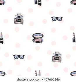 Vector hand drawn graphic fashion sketch lipstick, makeup powder, french perfume, vintage glasses. Trend colored glamour fashion seamless pattern in vogue style. Isolated elements on white background