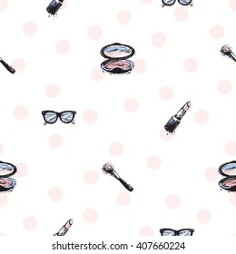 Vector hand drawn graphic fashion sketch makeup brush, rose lipstick, makeup powder, vintage glasses. Trend glamour fashion seamless pattern in vogue style. Isolated elements on white background