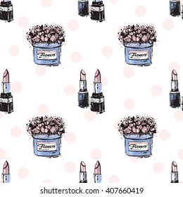 Vector hand drawn graphic fashion sketch couple lipstick and flower box. Trend soft colored glamour fashion seamless pattern in vogue style. Isolated elements on white background