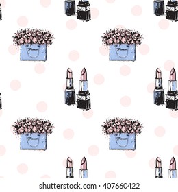 Vector hand drawn graphic fashion sketch couple lipstick and flowers bag. Trend soft colored glamour fashion seamless pattern in vogue style. Isolated elements on white background