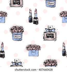 Vector hand drawn graphic fashion sketch lipstick, french perfume, flower box, flowers bag. Trend soft colored glamour fashion seamless pattern in vogue style. Isolated elements on white background