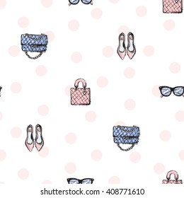 Vector hand drawn graphic fashion sketch flat shoes, clutch, leather handbag, vintage glasses. Trend soft colored glamour fashion seamless pattern in vogue style. Isolated elements on white background