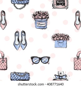 Vector hand drawn graphic fashion sketch shoes, clutch, handbag, french perfume, flower box, glasses, flowers bag. Trend soft colored glamour fashion seamless pattern in vogue style