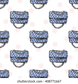 Vector hand drawn graphic fashion sketch fashionable clutch. Trend soft colored glamour fashion seamless pattern in vogue style. Isolated elements on white background