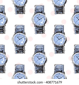 Vector hand drawn graphic fashion sketch wrist watch. Trend soft colored glamour fashion seamless pattern in vogue style. Isolated elements on white background