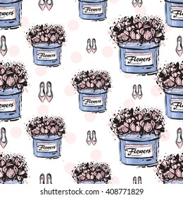Vector hand drawn graphic fashion sketch flat shoes and flower box. Trend soft colored glamour fashion seamless pattern in vogue style. Isolated elements on white background