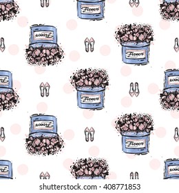 Vector hand drawn graphic fashion sketch flat shoes and flower box. Trend soft colored glamour fashion seamless pattern in vogue style. Isolated elements on white background
