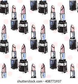 Vector hand drawn graphic fashion sketch couple lipstick. Trend soft colored glamour fashion seamless pattern in vogue style. Isolated elements on white background