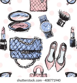 Vector hand drawn graphic fashion sketch shoes, clutch, blush brush, handbag, lipstick, makeup powder, wrist watch, glasses. Trend soft colored glamour fashion seamless pattern in vogue style on white
