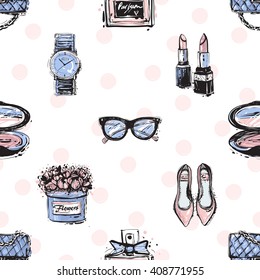 Vector hand drawn graphic fashion sketch shoes, clutch, couple lipstick, makeup powder, wrist watch, french perfume, flower box, vintage glasses. Trend glamour fashion seamless pattern in vogue style