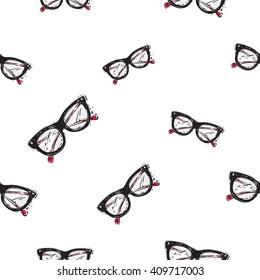 Vector hand drawn graphic fashion sketch  vintage glasses. Trend graphic contrasty glamour fashion seamless pattern in vogue style. Isolated elements on white background