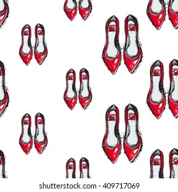 Vector hand drawn graphic fashion sketch  flat shoes. Trend graphic contrasty glamour fashion seamless pattern in vogue style. Isolated elements on white background
