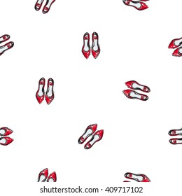 Vector hand drawn graphic fashion sketch  flat shoes. Trend graphic contrasty glamour fashion seamless pattern in vogue style. Isolated elements on white background