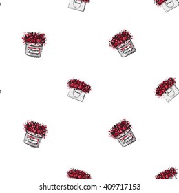 Vector hand drawn graphic fashion sketch  flower box and flowers bag. Trend graphic contrasty glamour fashion seamless pattern in vogue style. Isolated elements on white background