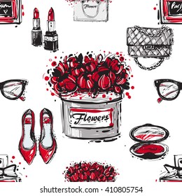 Vector hand drawn graphic fashion sketch shoes, fashionable clutch, lipstick, blush, french perfume, flower box, vintage glasses, flowers bag. Trend glamour fashion seamless pattern in vogue style.