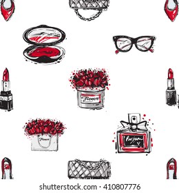 Vector hand drawn graphic fashion sketch shoes, fashionable clutch, lipstick, blush, french perfume, flower box, vintage glasses, flowers bag. Trend glamour fashion seamless pattern in vogue style.