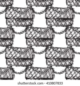 Vector hand drawn graphic fashion sketch  fashionable clutch. Trend graphic contrasty glamour fashion seamless pattern in vogue style. Isolated elements on white background