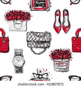 Vector hand drawn graphic fashion sketch shoes, fashionable clutch, handbag, wrist watch, french perfume flower box, vintage glasses, flowers bag. Trend glamour fashion seamless pattern in vogue style