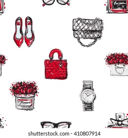 Vector hand drawn graphic fashion sketch shoes, fashionable clutch, handbag, wrist watch, french perfume flower box, vintage glasses, flowers bag. Trend glamour fashion seamless pattern in vogue style