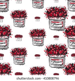 Vector hand drawn graphic fashion sketch  flower box and flowers bag. Trend graphic contrasty glamour fashion seamless pattern in vogue style. Isolated elements on white background