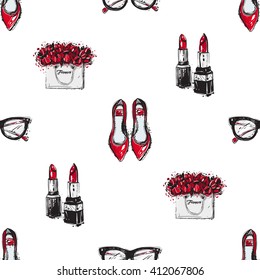 Vector hand drawn graphic fashion sketch  flat shoes, lipstick, vintage glasses, flowers bag. Graphic contrasty glamour fashion seamless pattern in vogue style. Isolated elements on white background