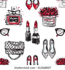 Vector hand drawn graphic fashion sketch  flat shoes, fashionable clutch, lipstick, french perfume, flower box, vintage glasses, flowers bag. Trend glamour fashion seamless pattern in vogue style. 