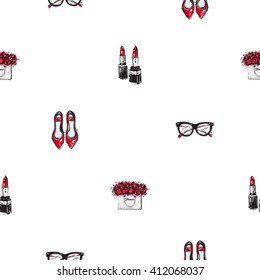 Vector hand drawn graphic fashion sketch  flat shoes, lipstick, vintage glasses, flowers bag. Graphic contrasty glamour fashion seamless pattern in vogue style. Isolated elements on white background