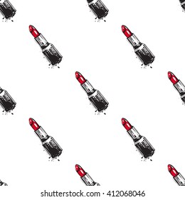 Vector hand drawn graphic fashion sketch  red lipstick. Trend graphic contrasty glamour fashion seamless pattern in vogue style. Isolated elements on white background