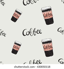 Vector hand drawn graphic fashion illustration coffee lettering and coffee cup.