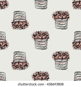 Vector hand drawn graphic fashion illustration flower box. Trend graphic glamour fashion sketch seamless pattern in vogue style. Isolated elements background