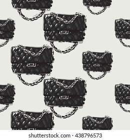 Vector hand drawn graphic fashion illustration fashionable clutch. Trend graphic glamour fashion sketch seamless pattern in vogue style. Isolated elements background