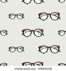 Vector hand drawn graphic fashion illustration hipster glasses. Trend graphic glamour fashion sketch seamless pattern in vogue style. Isolated elements background